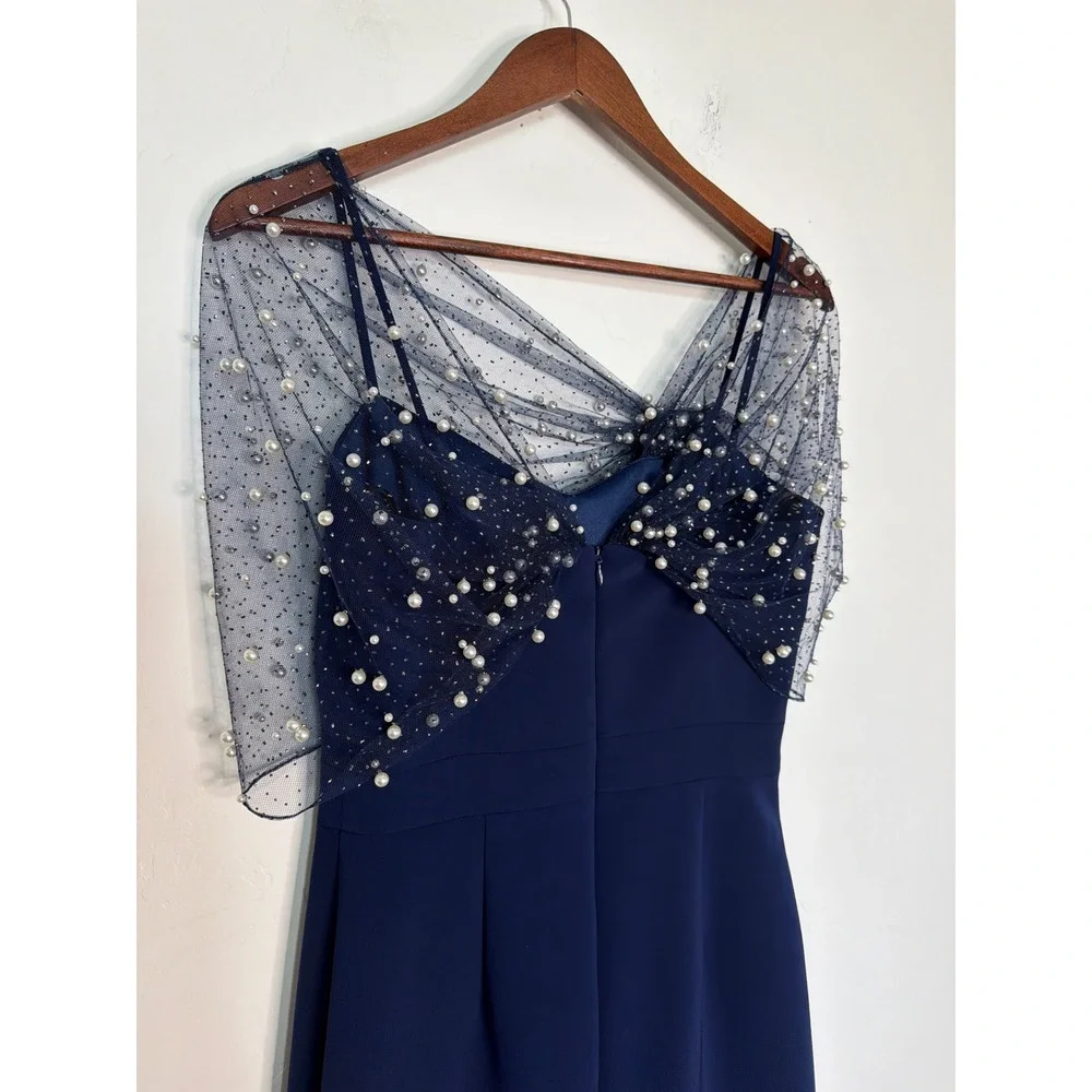 Theia Louella Pearl Shawl Gown Navy Embellished Evening Dress NWT Size 4 - Picture 4 of 8
